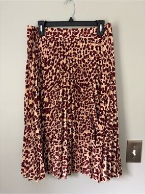 H&M Burgundy and Beige Pleated Animal-Print Midi Skirt